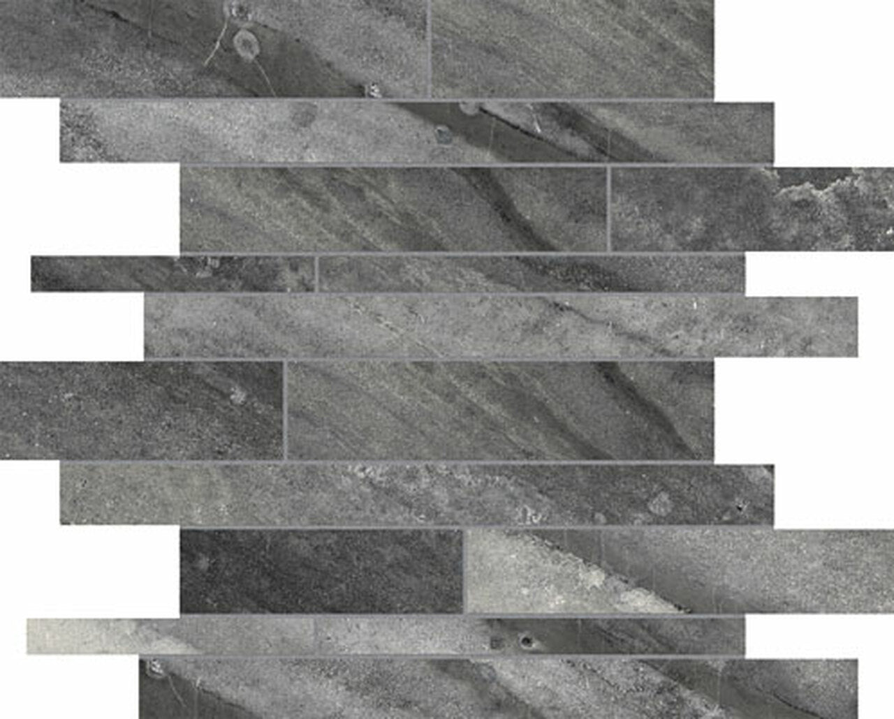 Anatolia Tile Evolution Carbon Random Strip Matte Porcelain Mosaics. 1 Sheet = .96 Sq. Ft. 4501-0097-0 (69-203) Carbon Random Strip - premium natural stone mosaic tile from Anatolia Tile, available at PoshHaus showroom in Keene, NH