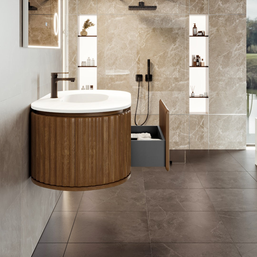 Haven 39 in. Medium Oak Wall Mount Single Sink Bath Vanity with Solid Surface Top and Integrated Sink