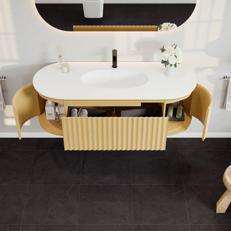 Haven 55 in. Natural Oak Wall Mount Single Sink Bath Vanity with Solid Surface Top and Integrated Sink