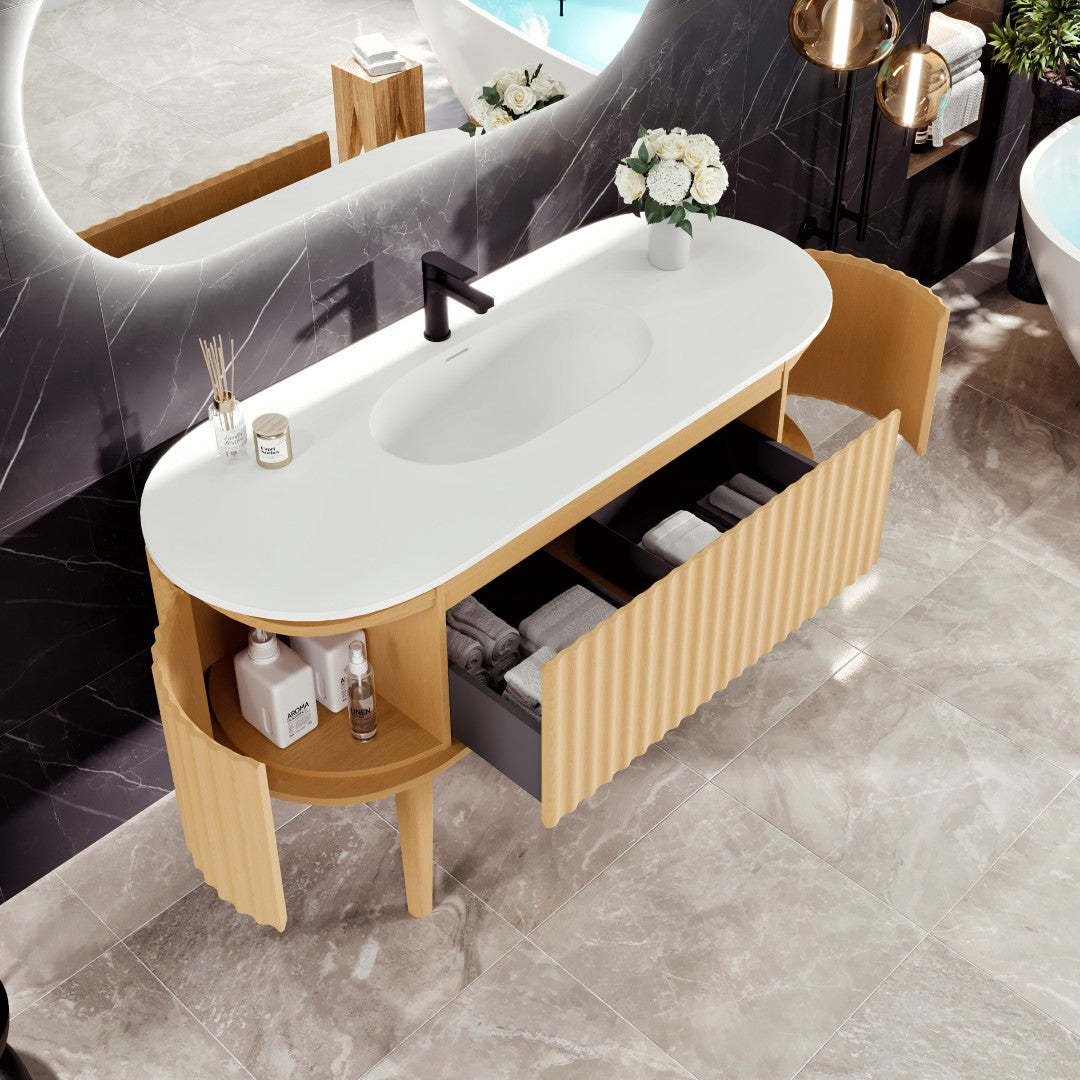 Haven 55 in. Natural Oak Single Sink Bath Vanity with Solid Surface Top and Integrated Sink