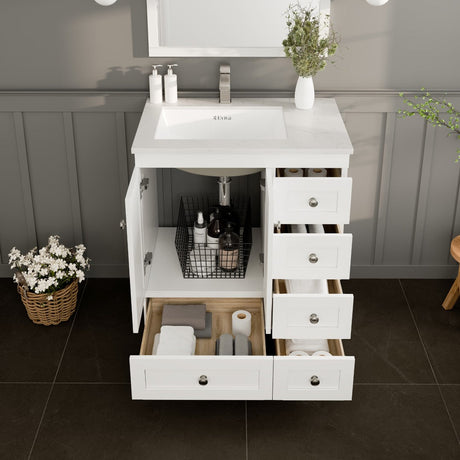 Happy 30 in. White Single Sink Bath Vanity with Carrara Quartz Top and Undermount Porcelain Sink