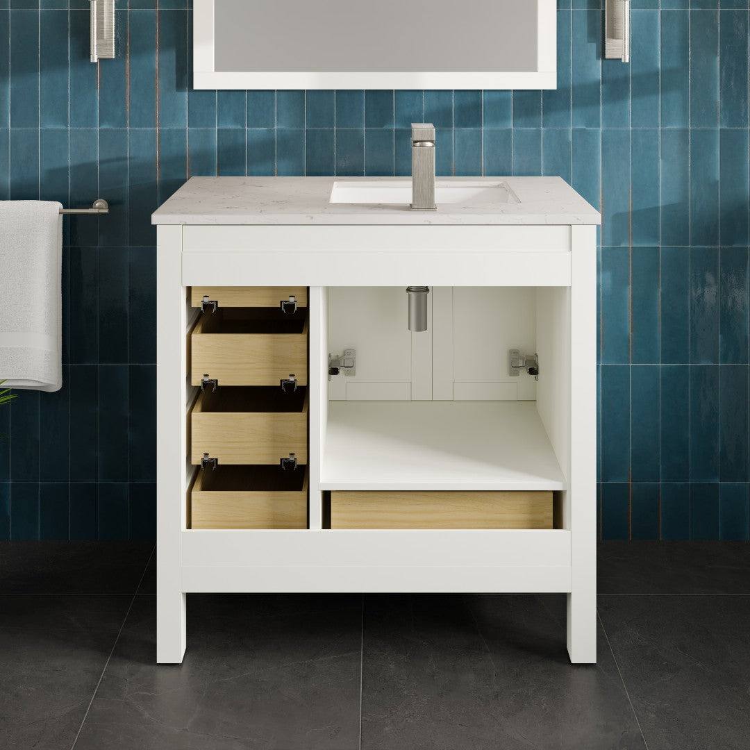 London 36 in. White Single Sink Bath Vanity with Carrara Quartz Top and Undermount Porcelain Sink