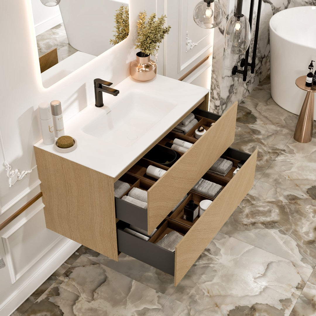 Lotus 30 in. Natural Oak Wall Mount Single Sink Bath Vanity with Solid Surface Top and Integrated Sink