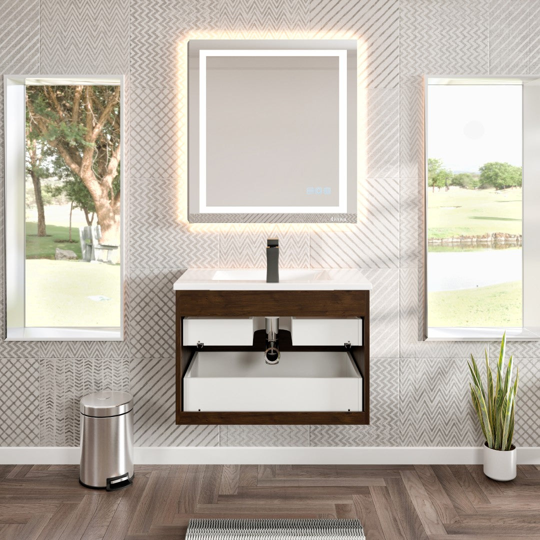 Joy 32 in. Rosewood Wall Mount Single Sink Bath Vanity with Porcelain Top and Integrated Sink