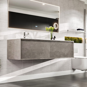 Aurora 60 in. Concrete Gray Wall Mount Single Sink Bath Vanity with Carrara Quartz Top and Undermount Porcelain Sink