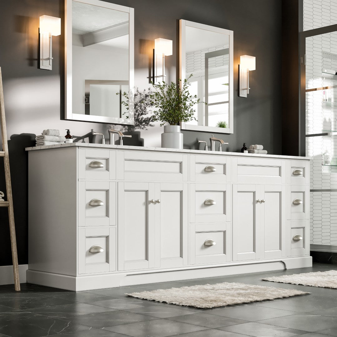 Epic 84 in. White Double Sink  Bath Vanity with Carrara Quartz Top and Undermount Porcelain Sinks