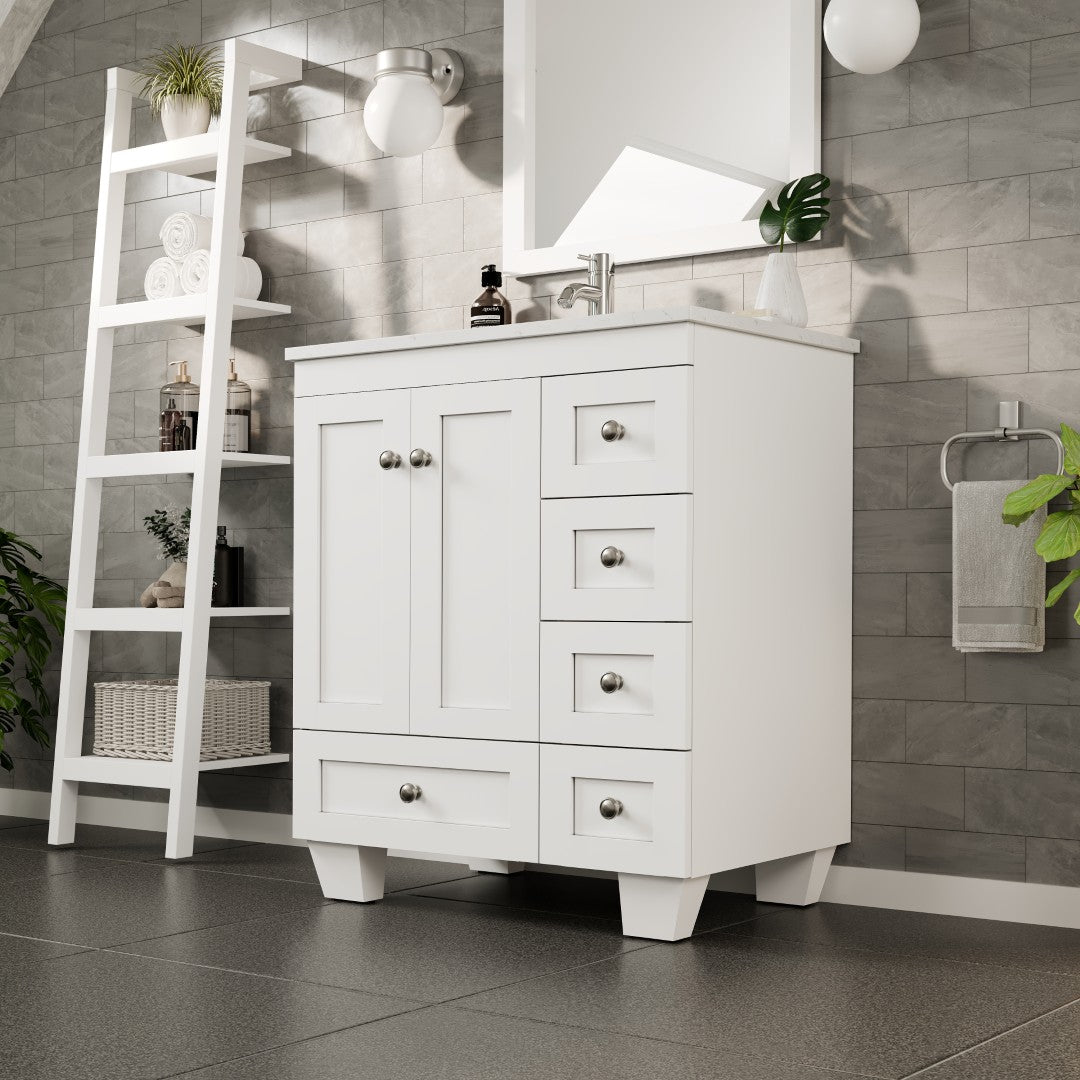 Happy 28 in. White Single Sink Bath Vanity with Carrara Quartz Top and Undermount Porcelain Sink
