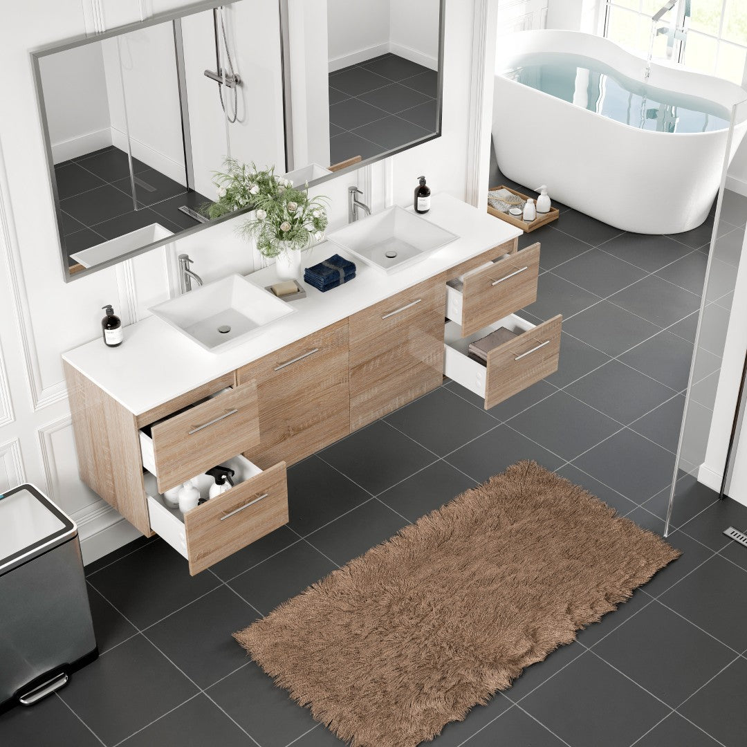 Luxy 72 in. White Oak Wall Mount Double Sink  Bath Vanity with White Quartz Top and Vessel Porcelain Sinks