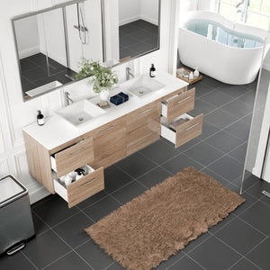 Luxy 72 in. White Oak Wall Mount Double Sink  Bath Vanity with White Quartz Top and Vessel Porcelain Sinks