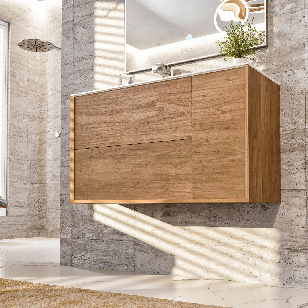 Prancer 44 in. Natural Oak Wall Mount Single Sink Bath Vanity with Solid Surface Top and Integrated Sink