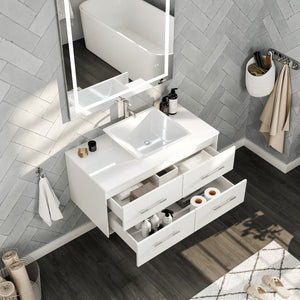 Wave 36 in. White Wall Mount Single Sink Bath Vanity with White Quartz Top and Vessel Porcelain Sink