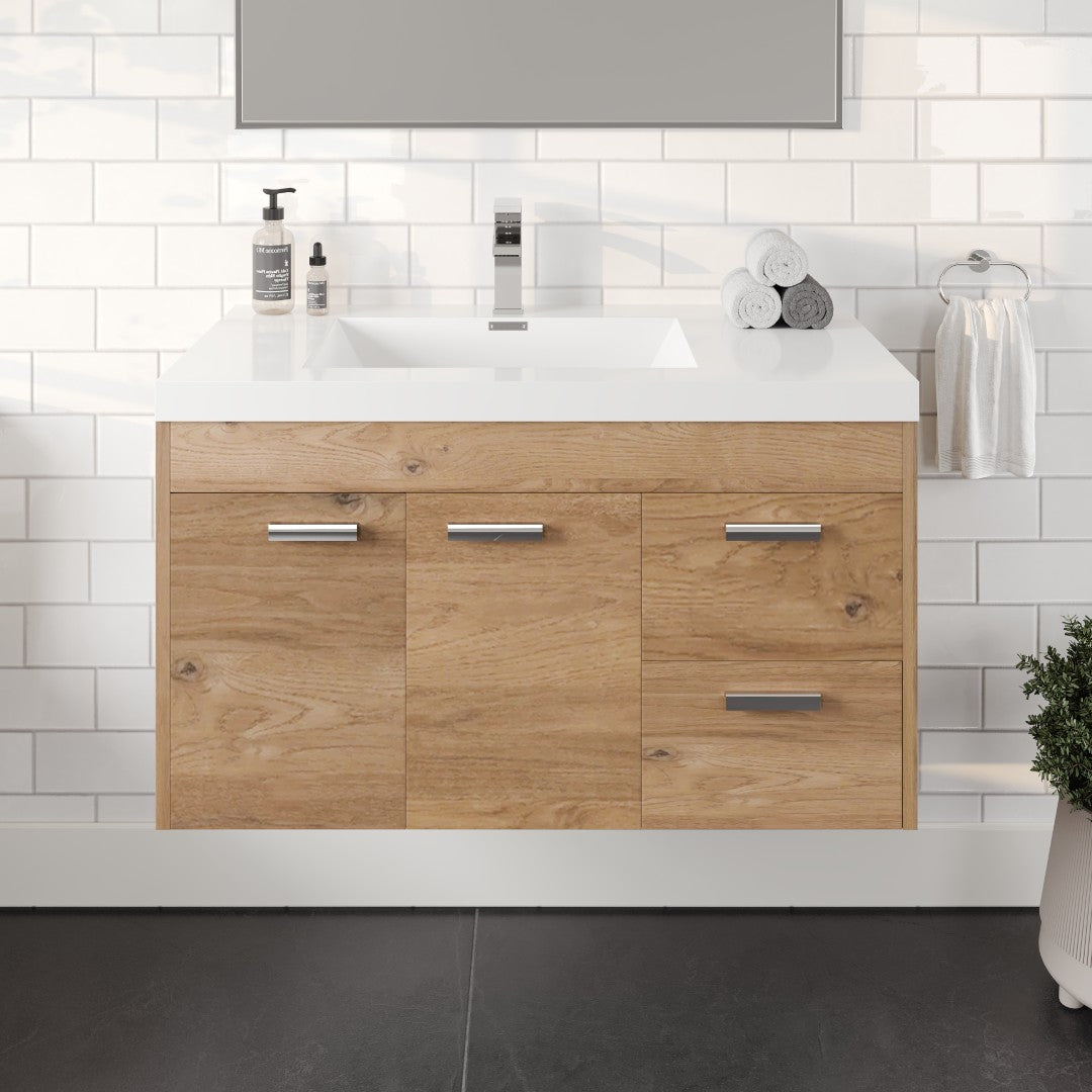 Lugano 36 in. Natural Oak Wall Mount Single Sink Bath Vanity with Acrylic Top and Integrated Sink