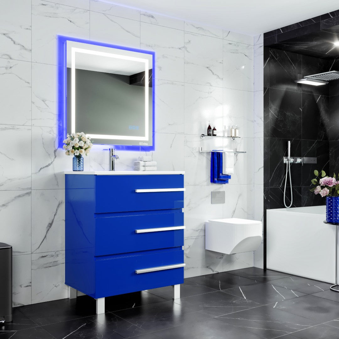 Deluxe 32 in. Blue Single Sink Bath Vanity with Porcelain Top and Integrated Sink