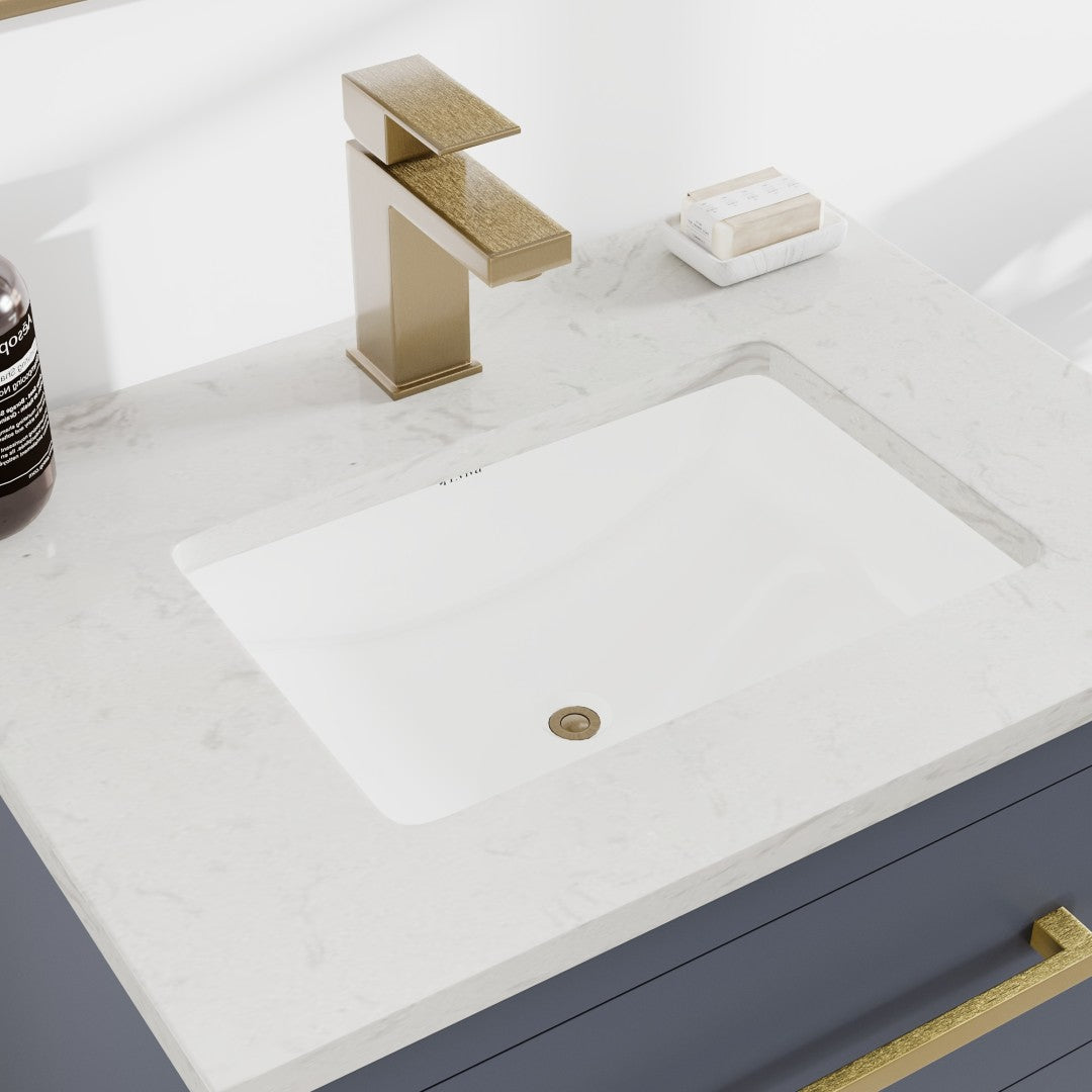 Curio 24 in. Dark Blue Single Sink Bath Vanity with Carrara Quartz Top and Undermount Porcelain Sink