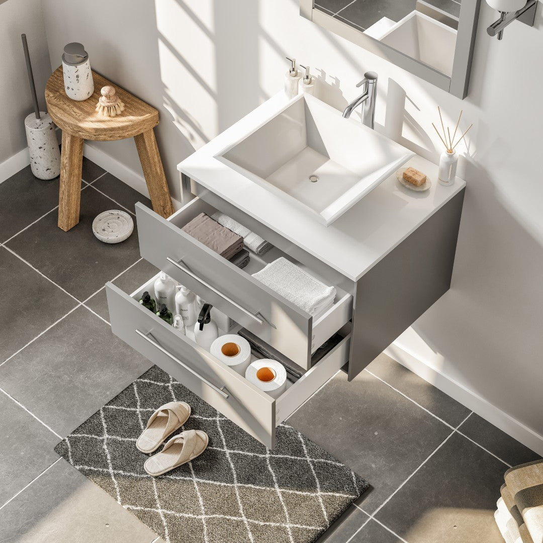 Wave 24 in. Gray Wall Mount Single Sink Bath Vanity with White Quartz Top and Vessel Porcelain Sink