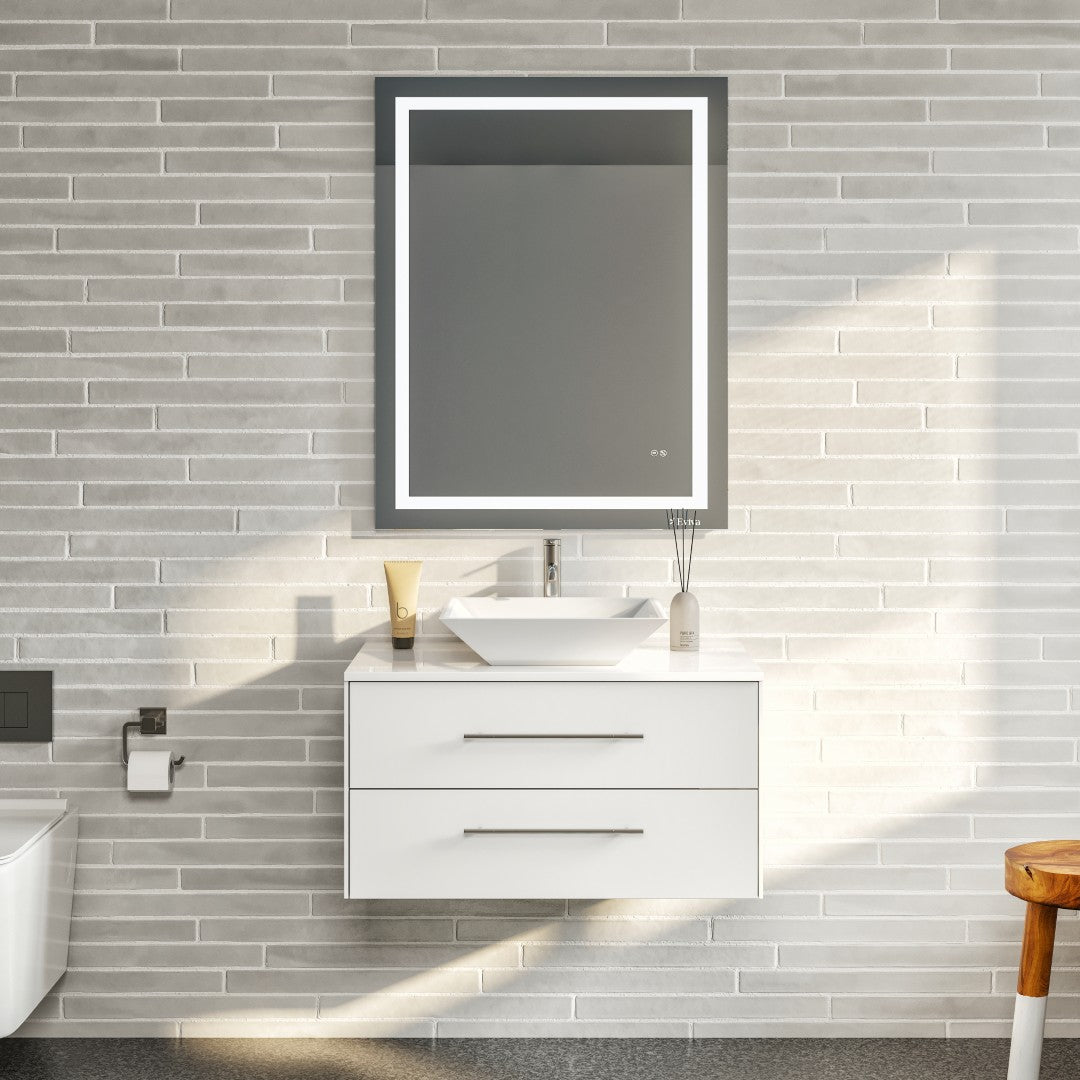 Wave 30 in. White Wall Mount Single Sink Bath Vanity with White Quartz Top and Vessel Porcelain Sink