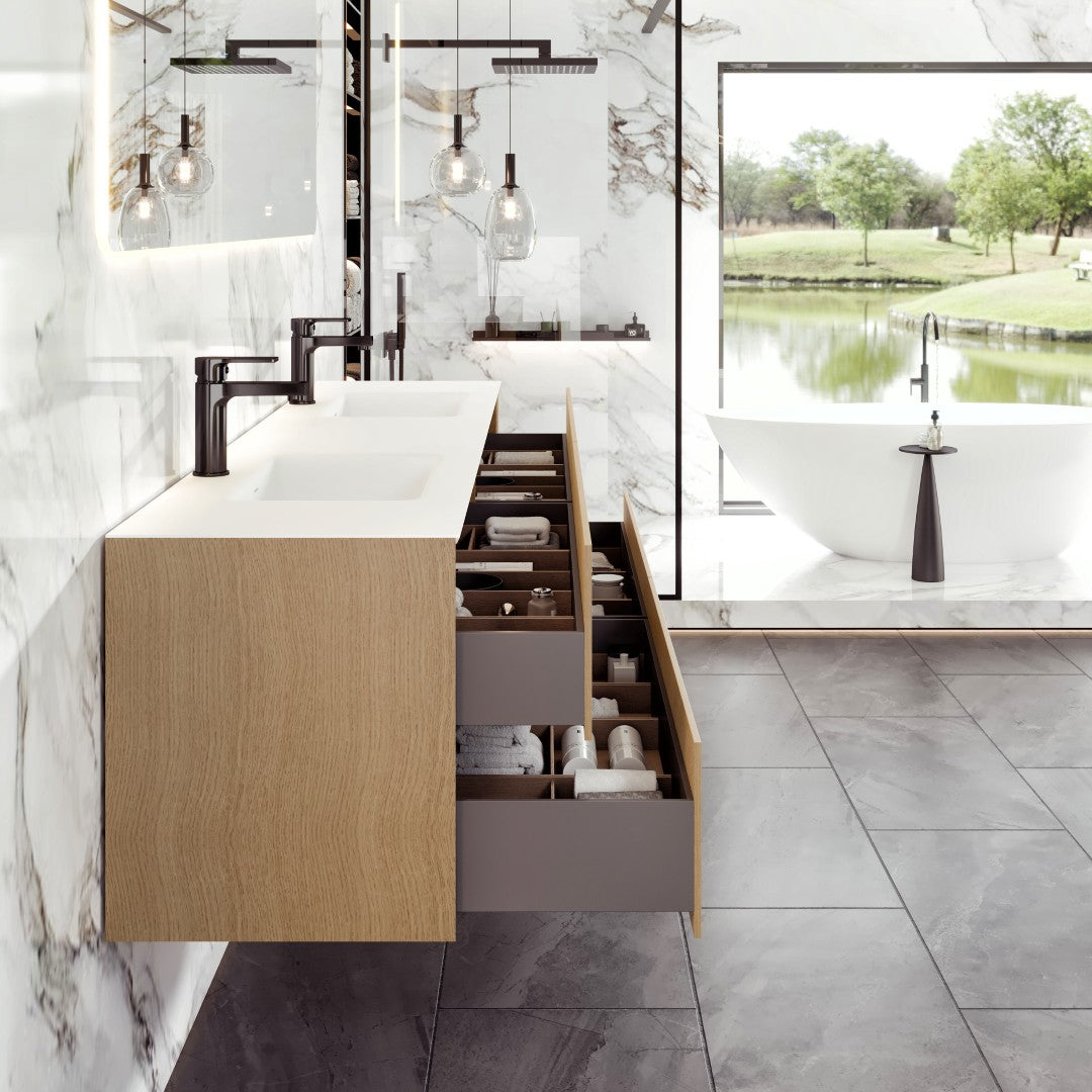 Lotus 71 in. Natural Oak Wall Mount Double Sink  Bath Vanity with Solid Surface Top and Integrated Sinks