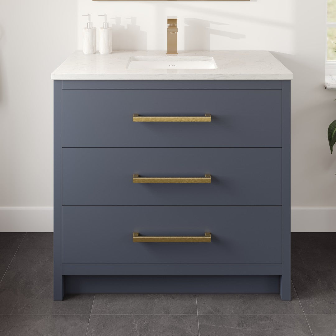 Curio 36 in. Dark Blue Single Sink Bath Vanity with Carrara Quartz Top and Undermount Porcelain Sink