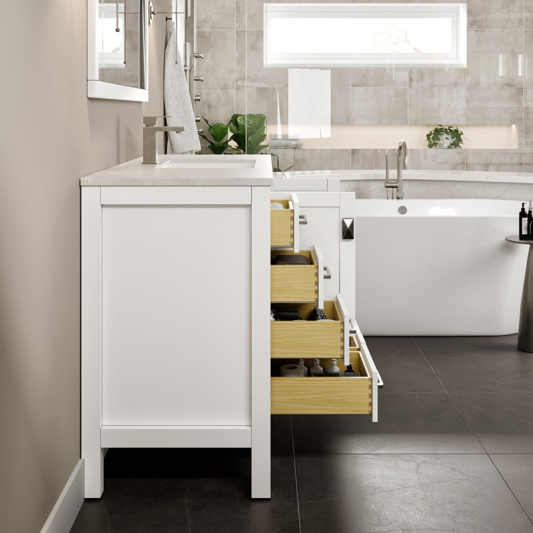London 54 in. White Single Sink Bath Vanity with Carrara Quartz Top and Undermount Porcelain Sink