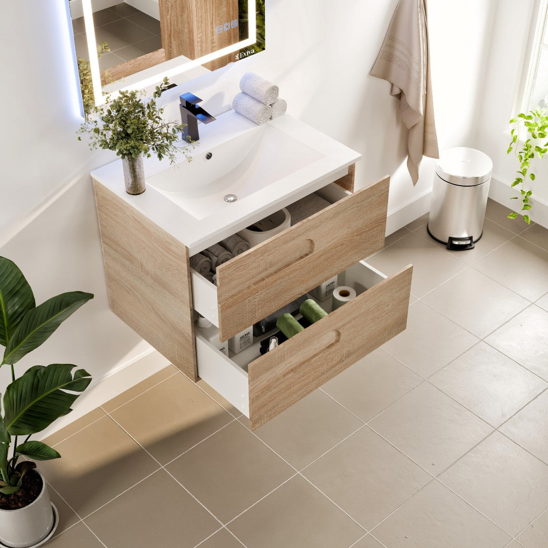 Joy 32 in. Maple Wall Mount Single Sink Bath Vanity with Porcelain Top and Integrated Sink