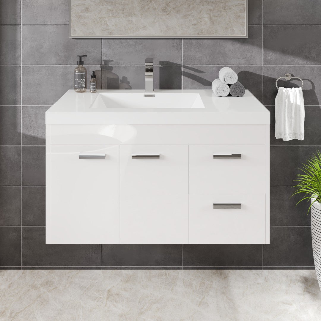 Lugano 36 in. White Wall Mount Single Sink Bath Vanity with Acrylic Top and Integrated Sink