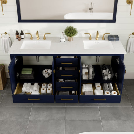 Aberdeen 72 in. Blue Double Sink  Bath Vanity with Carrara Quartz Top and Undermount Porcelain Sinks