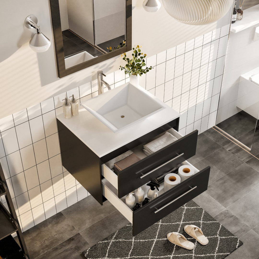 Wave 24 in. Espresso Wall Mount Single Sink Bath Vanity with White Quartz Top and Vessel Porcelain Sink