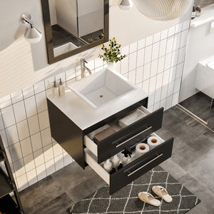 Wave 24 in. Espresso Wall Mount Single Sink Bath Vanity with White Quartz Top and Vessel Porcelain Sink