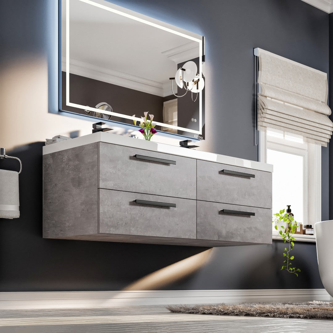 Surf 57 in. Concrete Gray Wall Mount Double Sink  Bath Vanity with Acrylic Top and Integrated Sinks