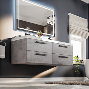 Surf 57 in. Concrete Gray Wall Mount Double Sink  Bath Vanity with Acrylic Top and Integrated Sinks