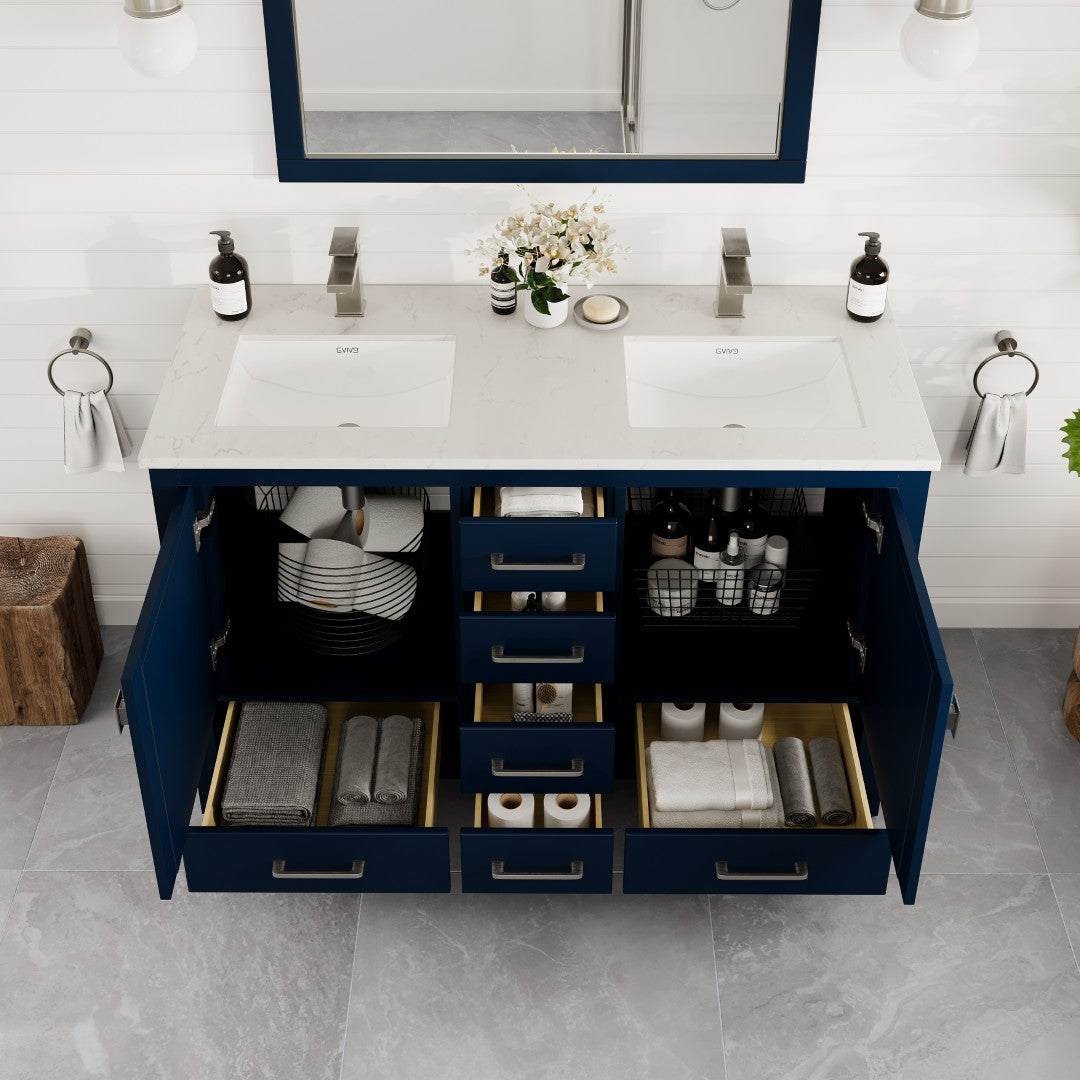 London 48 in. Blue Double Sink  Bath Vanity with Carrara Quartz Top and Undermount Porcelain Sinks