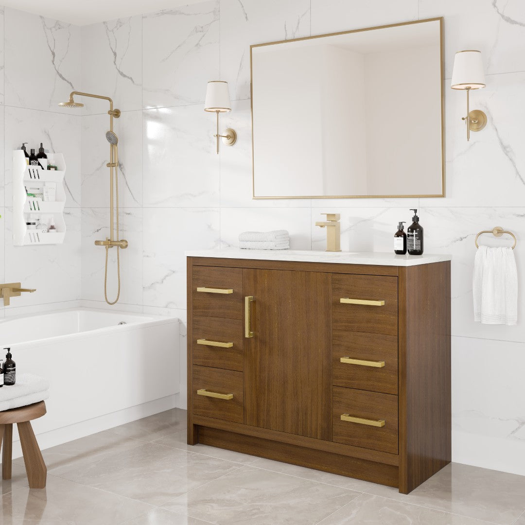 Curio 42 in. Walnut Single Sink Bath Vanity with Carrara Quartz Top and Undermount Porcelain Sink