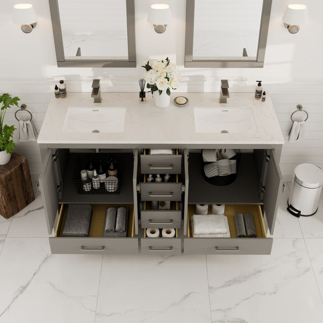 London 60 in. Gray Double Sink  Bath Vanity with Carrara Quartz Top and Undermount Porcelain Sinks