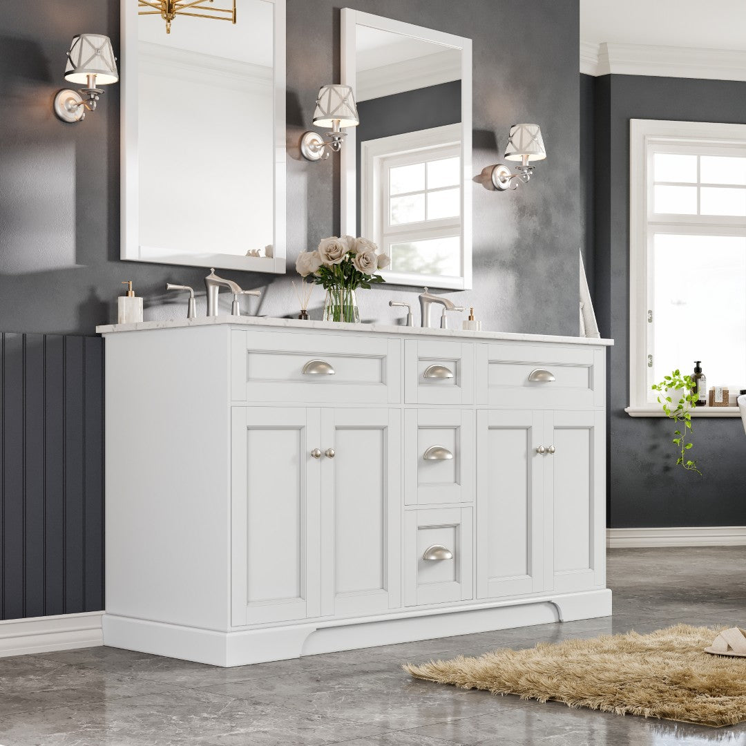 Epic 60 in. White Double Sink  Bath Vanity with Carrara Quartz Top and Undermount Porcelain Sinks