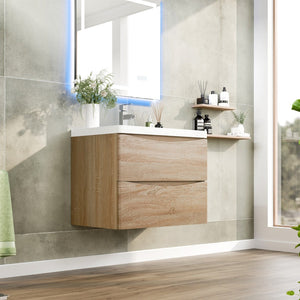 Smile 30 in. White Oak Wall Mount Single Sink Bath Vanity with Acrylic Top and Integrated Sink