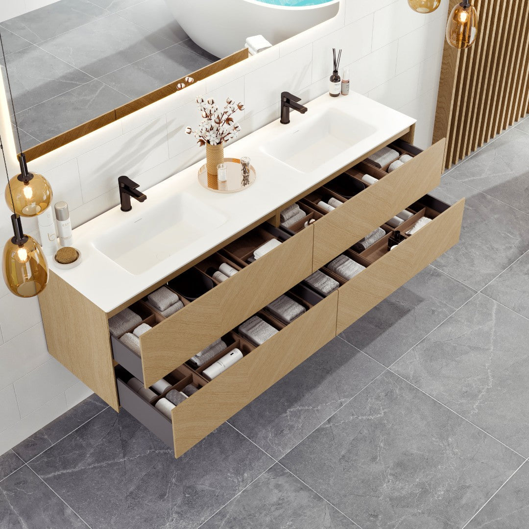 Lotus 59 in. Natural Oak Wall Mount Double Sink  Bath Vanity with Solid Surface Top and Integrated Sinks