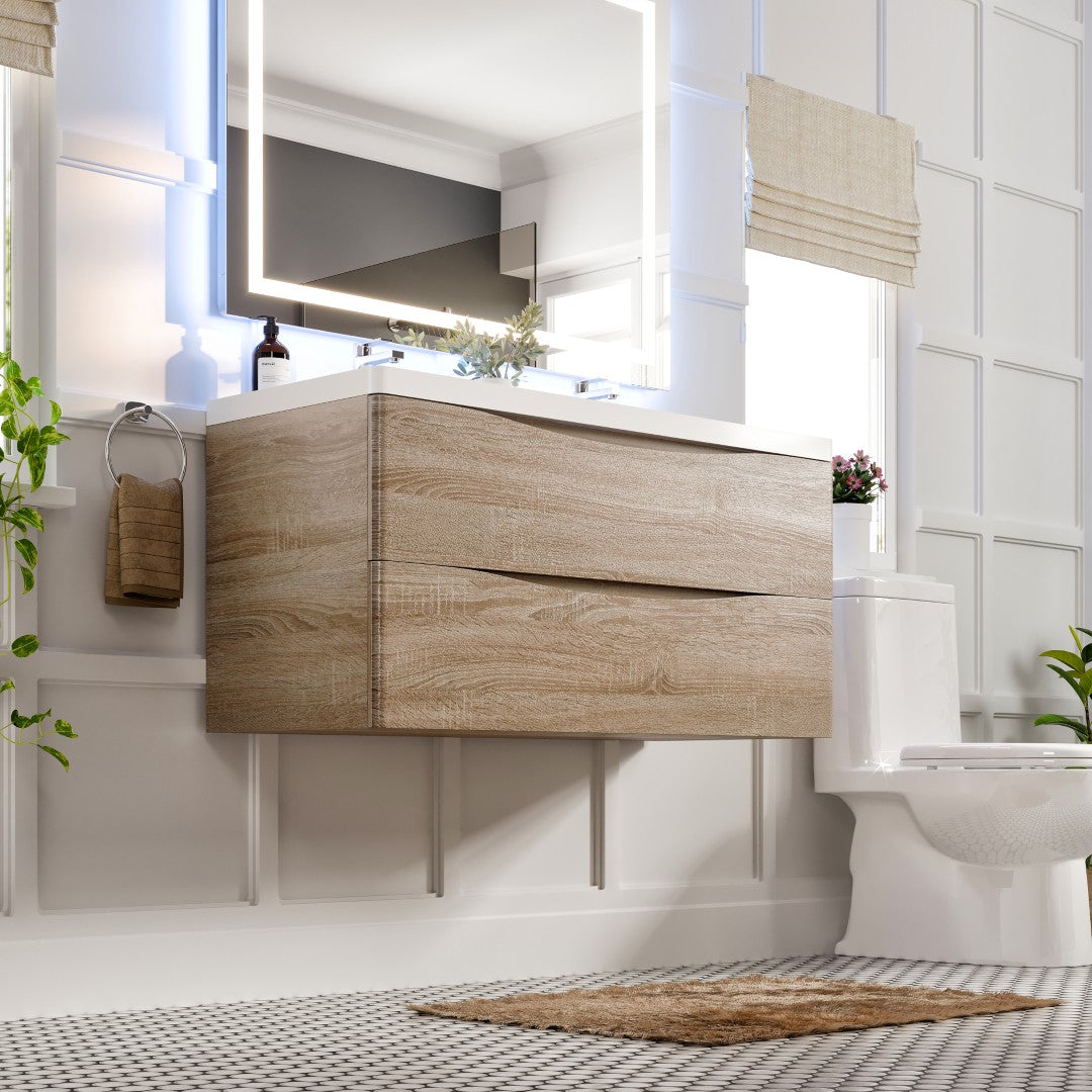 Smile 48 in. White Oak Wall Mount Double Sink  Bath Vanity with Acrylic Top and Integrated Sinks