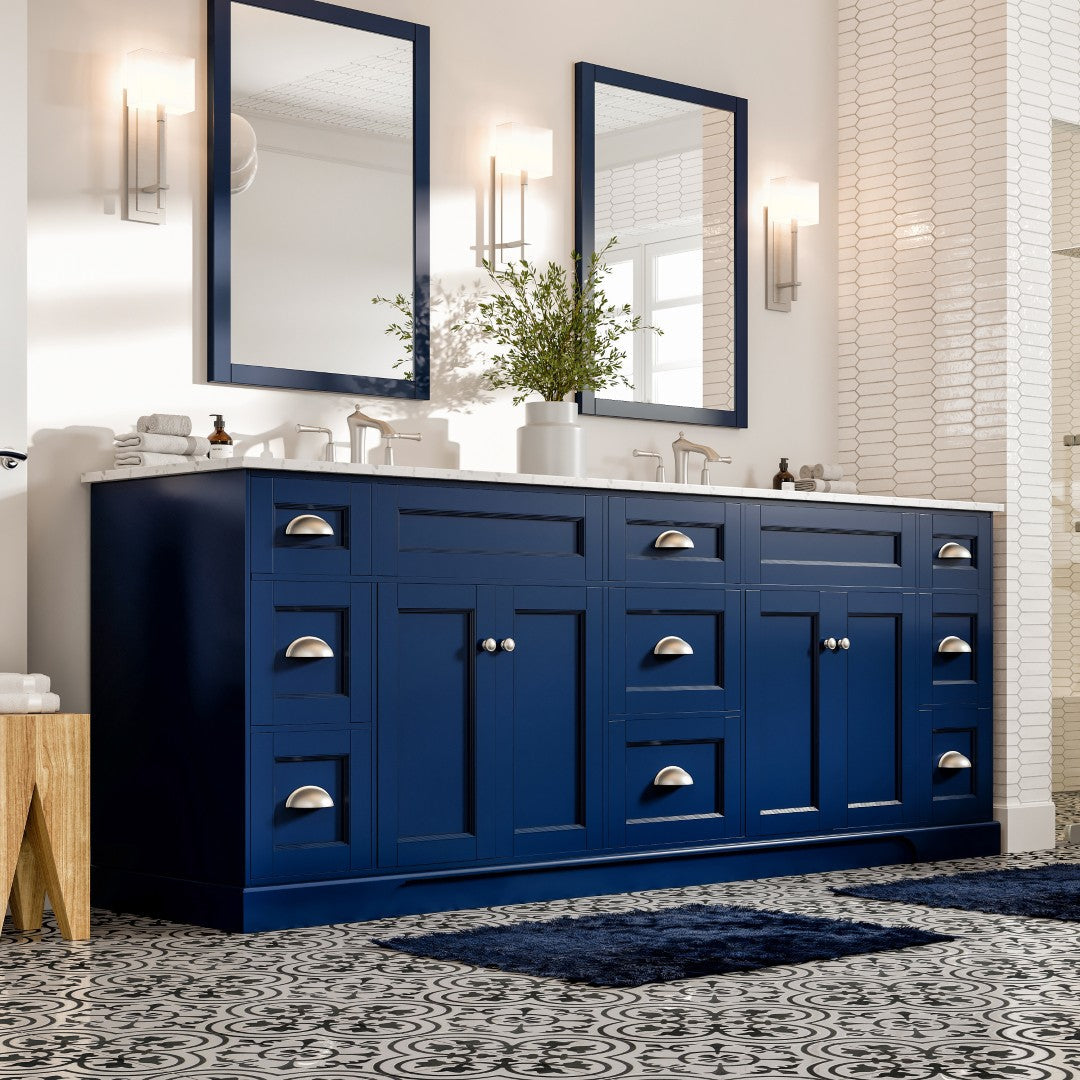Epic 84 in. Blue Double Sink  Bath Vanity with Carrara Quartz Top and Undermount Porcelain Sinks