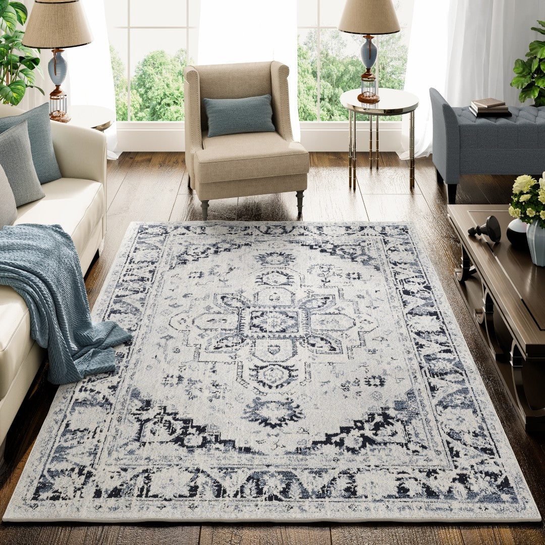 Eviva Capricorn 3' x 5' Oriental Blue/Cream Rug