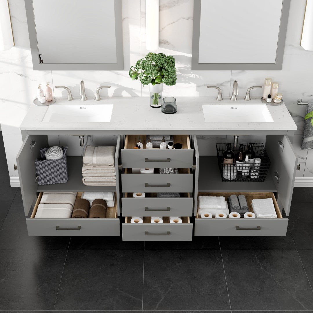 Aberdeen 78 in. Gray Double Sink  Bath Vanity with Carrara Quartz Top and Undermount Porcelain Sinks