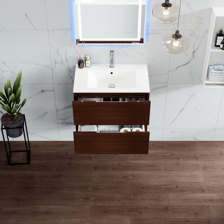Galsaky 28 in. Wenge Wall Mount Single Sink Bath Vanity with Porcelain Top and Integrated Sink