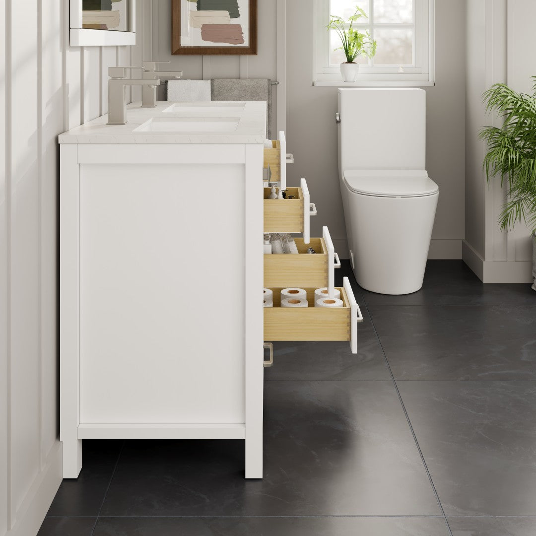 London 54 in. White Double Sink  Bath Vanity with Carrara Quartz Top and Undermount Porcelain Sinks