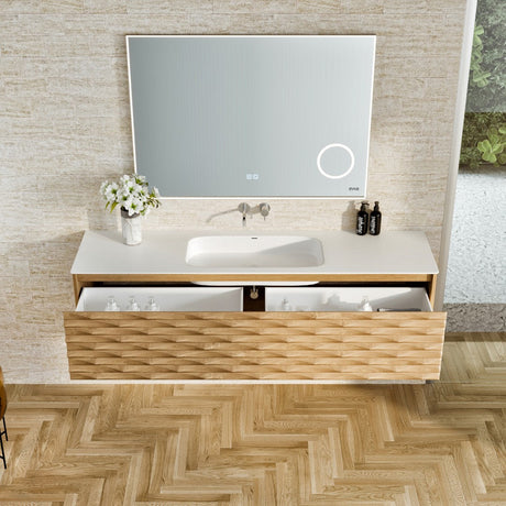 Oahu 55 in. Oak Wall Mount Single Sink Bath Vanity with Solid Surface Top and Integrated Sink