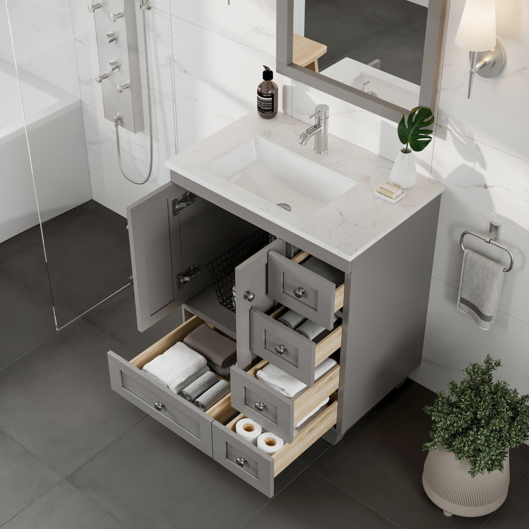 Happy 28 in. Gray Single Sink Bath Vanity with Carrara Quartz Top and Undermount Porcelain Sink