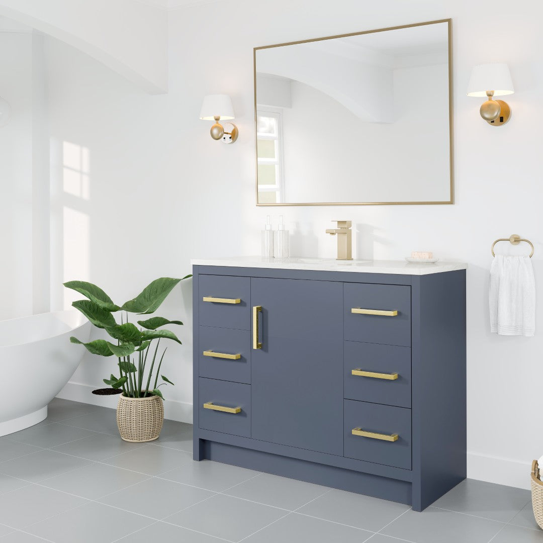Curio 42 in. Dark Blue Single Sink Bath Vanity with Carrara Quartz Top and Undermount Porcelain Sink