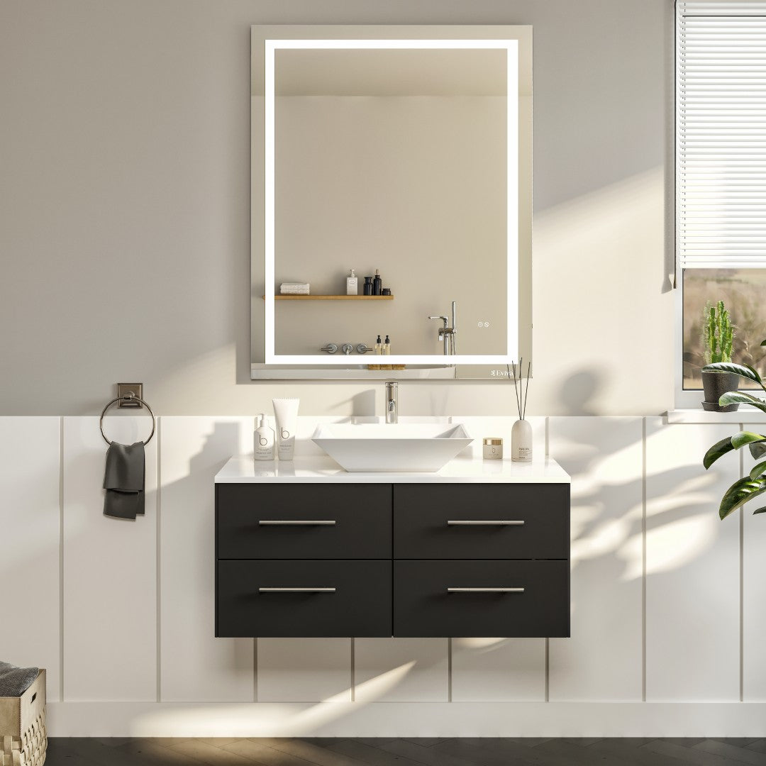 Wave 30 in. Espresso Wall Mount Single Sink Bath Vanity with White Quartz Top and Vessel Porcelain Sink