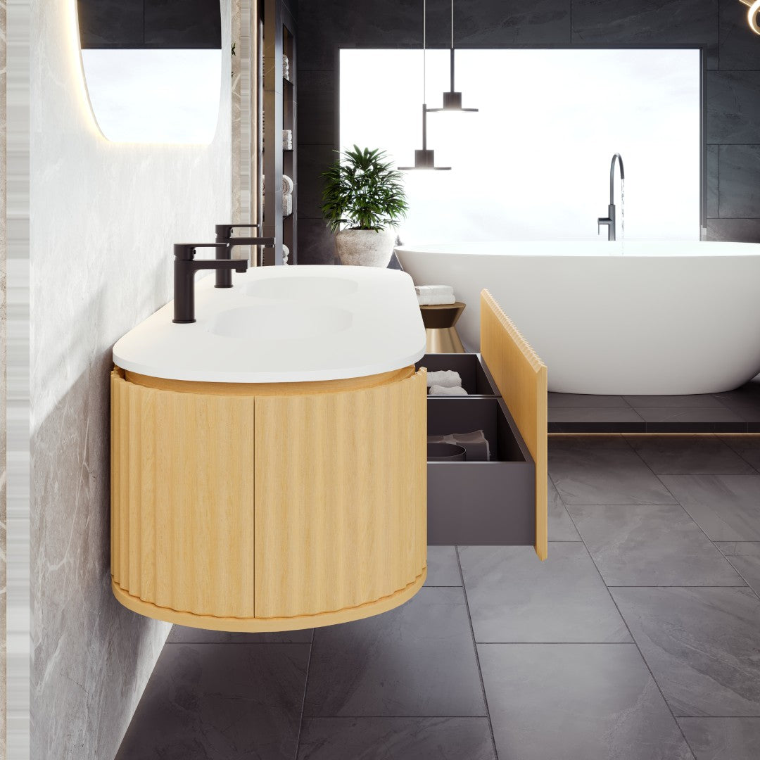 Haven 71 in. Natural Oak Wall Mount Double Sink  Bath Vanity with Solid Surface Top and Integrated Sinks