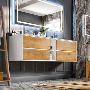 Vienna 75 in. Oak Wall Mount Double Sink  Bath Vanity with Acrylic Top and Integrated Sinks