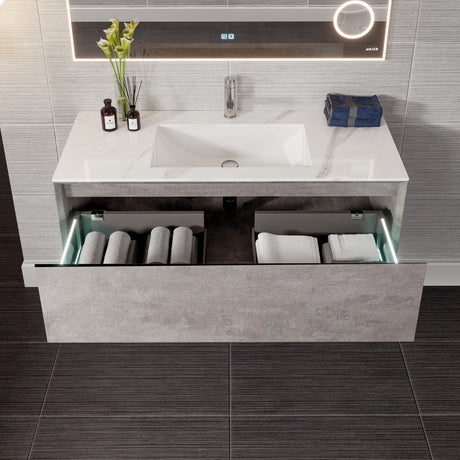 Aurora 48 in. Concrete Gray Wall Mount Single Sink Bath Vanity with Carrara Quartz Top and Undermount Porcelain Sink