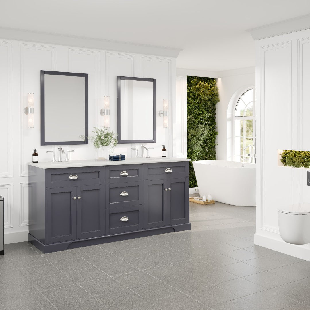 Epic 72 in. Charcoal Gray Double Sink  Bath Vanity with Carrara Quartz Top and Undermount Porcelain Sinks
